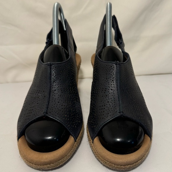Clarks Lafley Rosen Wedge Leather Women's‎ 8 M Sandals Espadrille Navy Blue - Picture 4 of 10